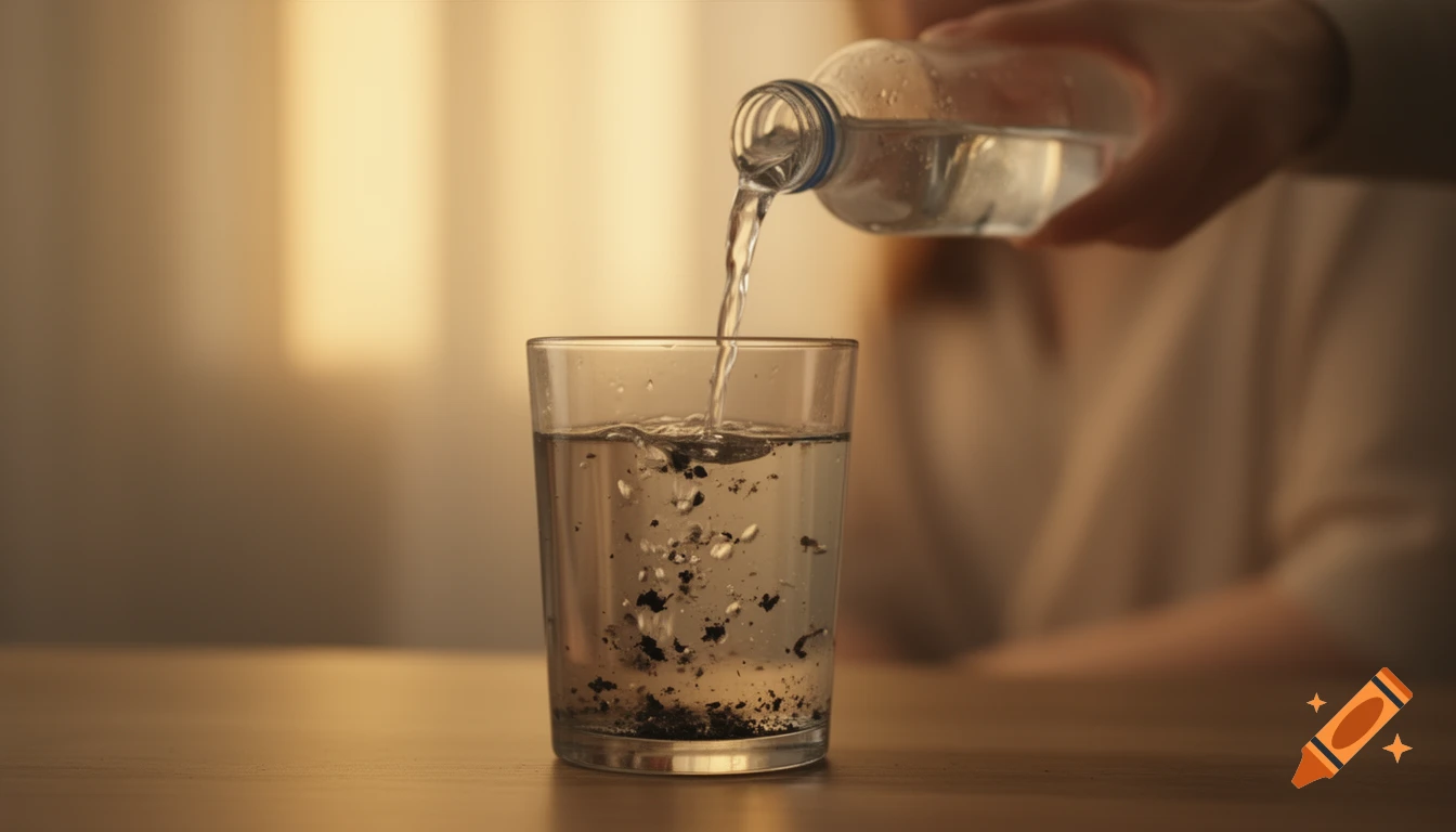 A hand pours fresh water from a bottle into a glass containing dark particles, diluting them in warm, soft lighting.