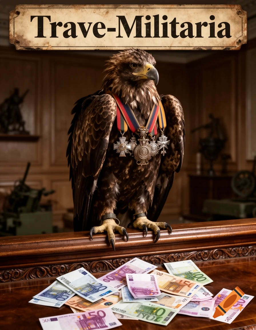 A proud eagle wearing multiple military medals stands on a wooden counter laden with Euro banknotes, below a sign that reads "Trave-Militaria."