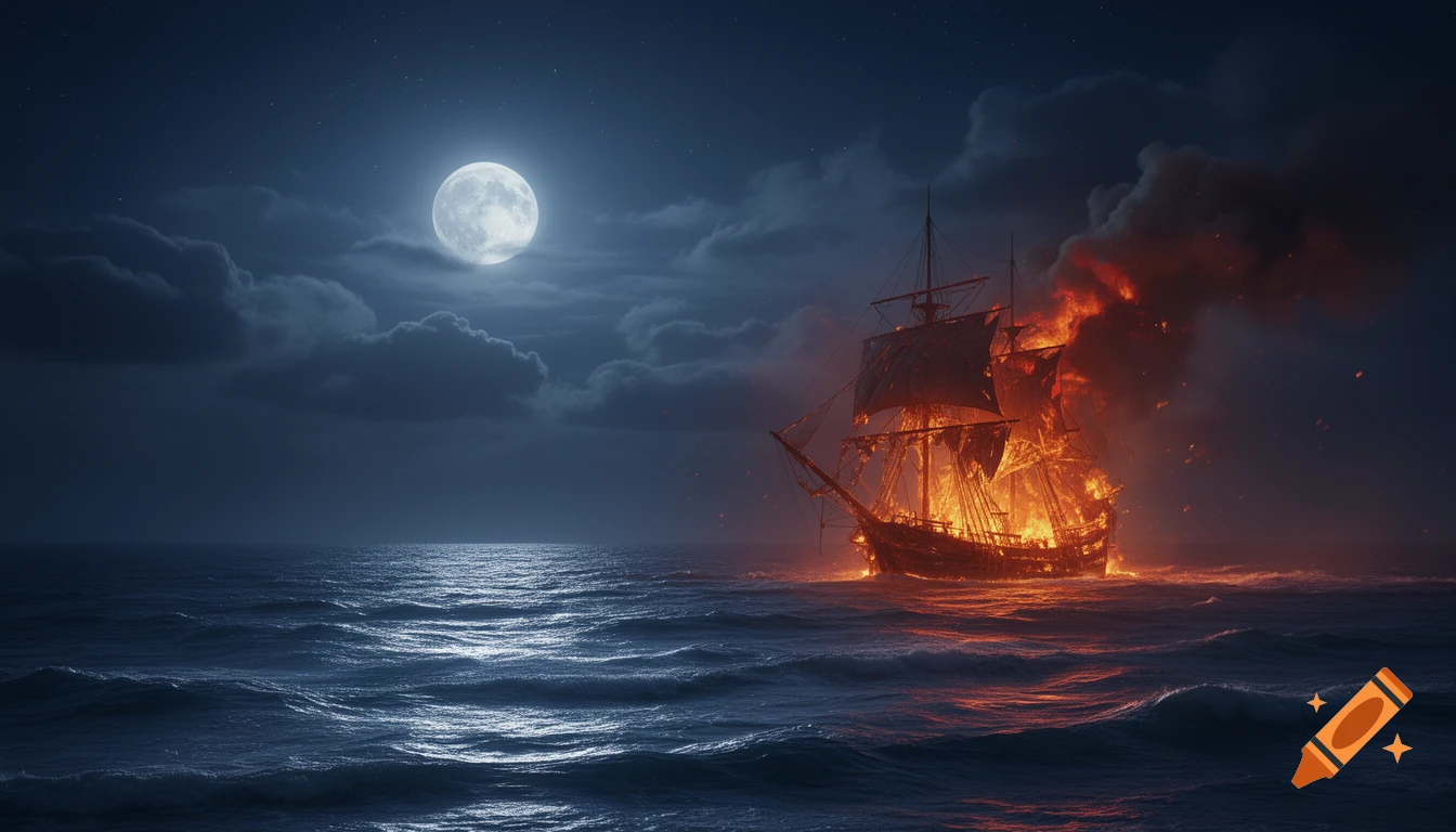 A photorealistic night scene shows a large sailing ship engulfed in flames on a dark, choppy ocean under a bright full moon and cloudy sky.