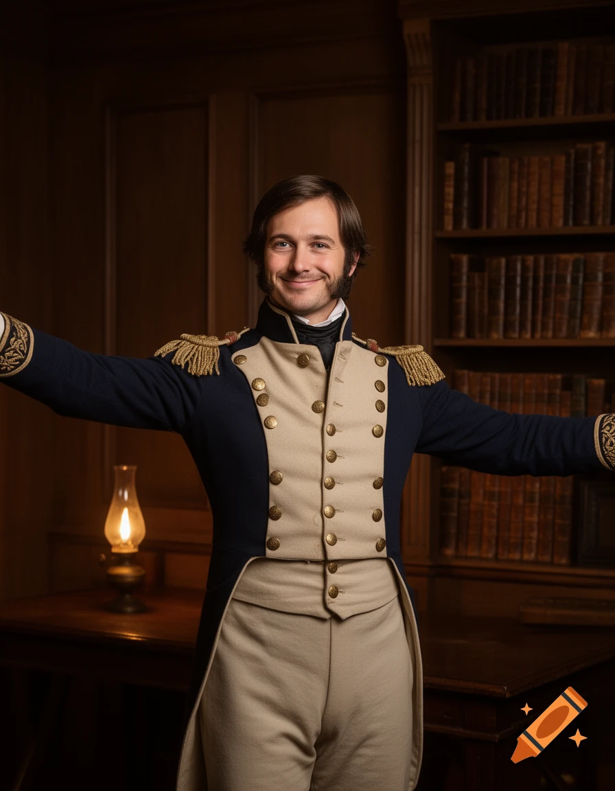 A man in a 19th-century naval uniform with gold epaulets smiles with outstretched arms in a wood-paneled library.