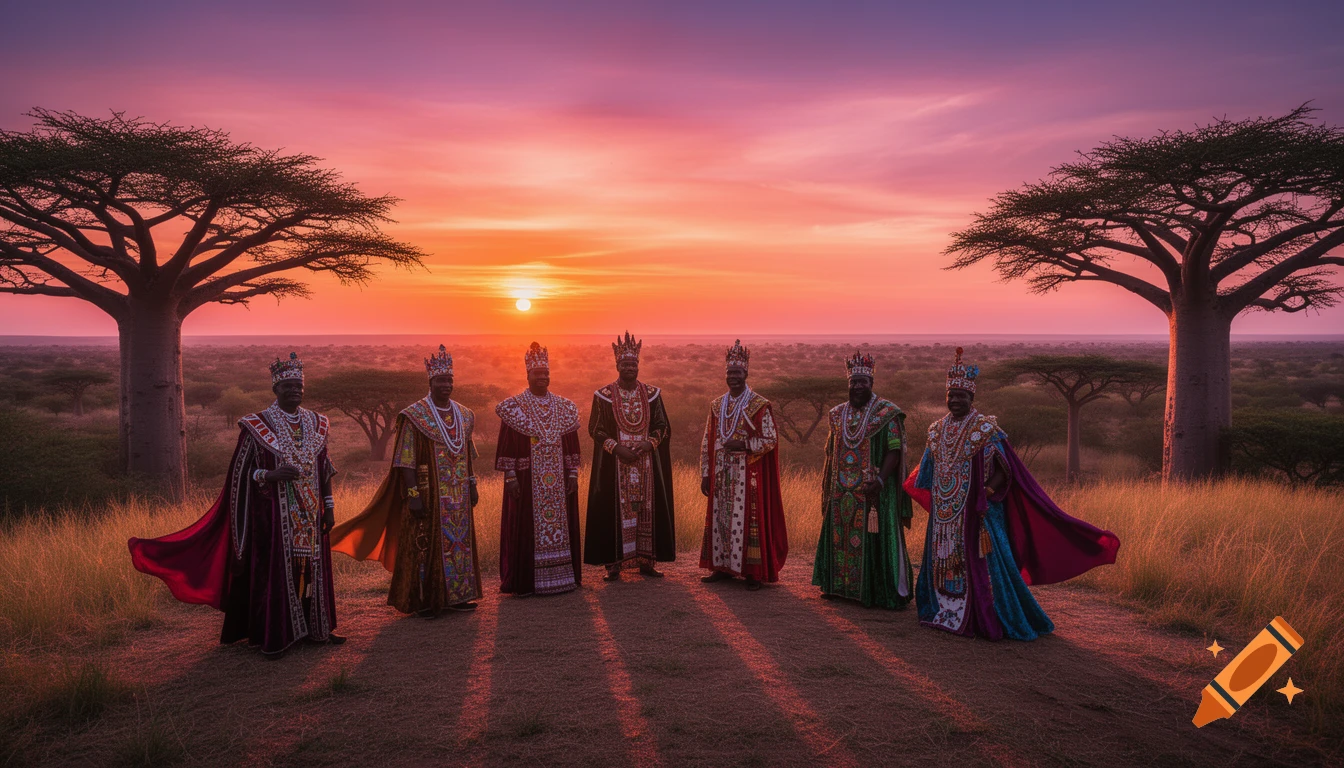 Six African kings in elaborate attire stand in a grassy savannah with baobab trees under a vibrant sunset sky.