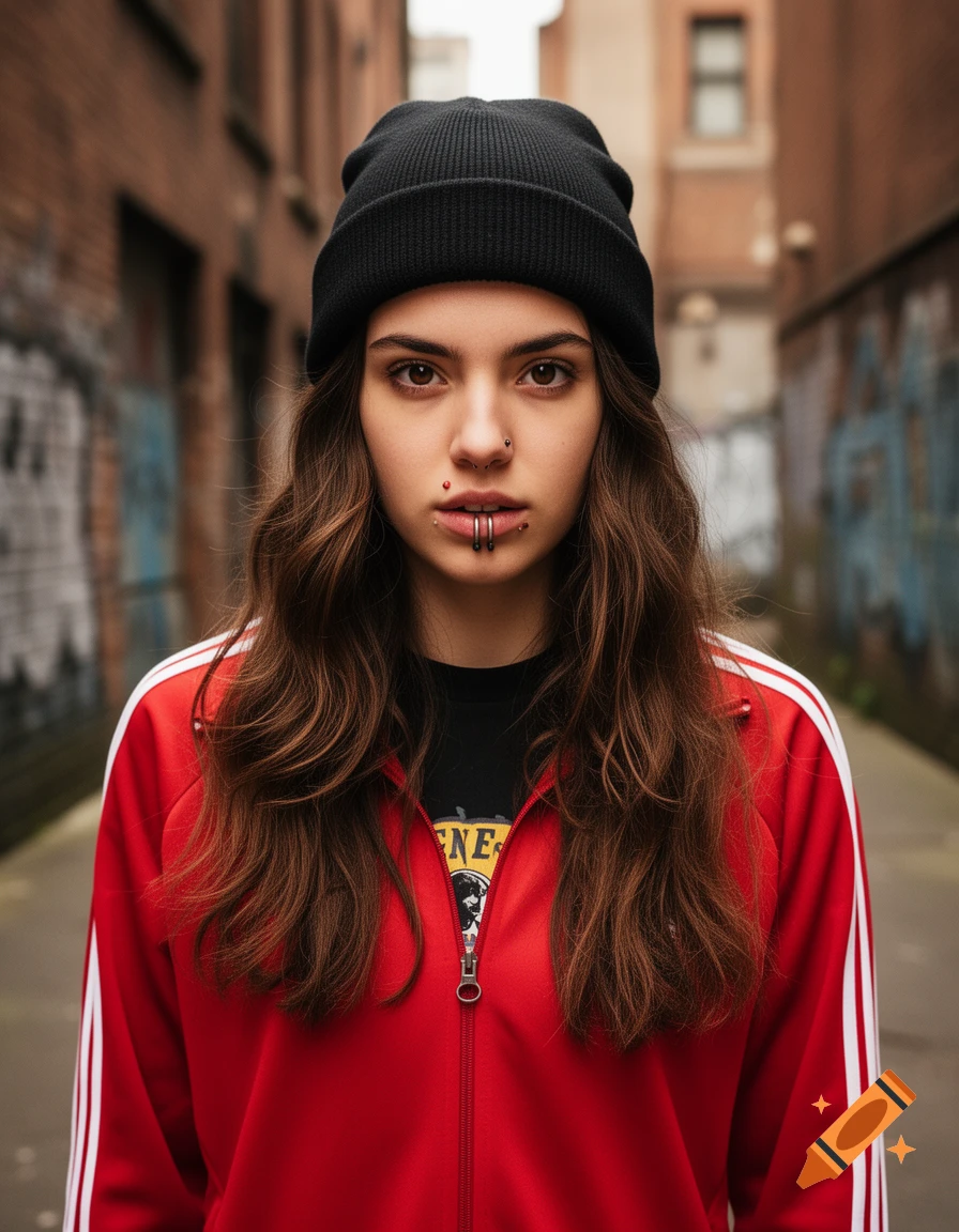 A young woman with long brown hair, a black beanie, nose and lip piercings, and a red track top stands in an alley.