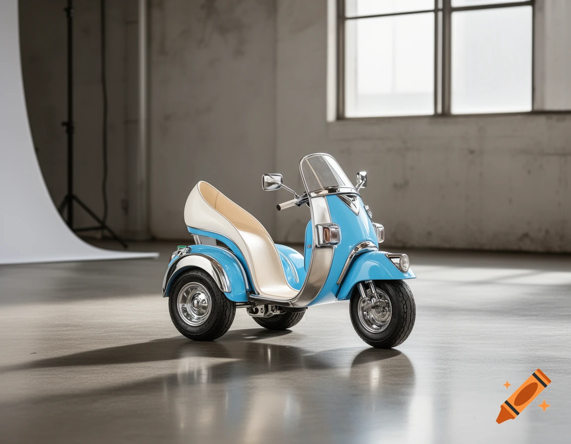 A light blue and white three-wheeled scooter with an elongated seat resembling a high heel, parked in a studio.