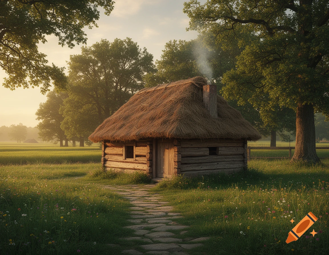 A rustic wooden hut with a thatched roof and smoking chimney stands in a green field with trees under a hazy sky.
