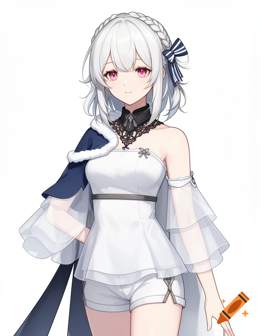 Anime girl with white hair, pink eyes, and a blue striped ribbon in her braid, wearing a white babydoll top, shorts, and a dark blue cape.
