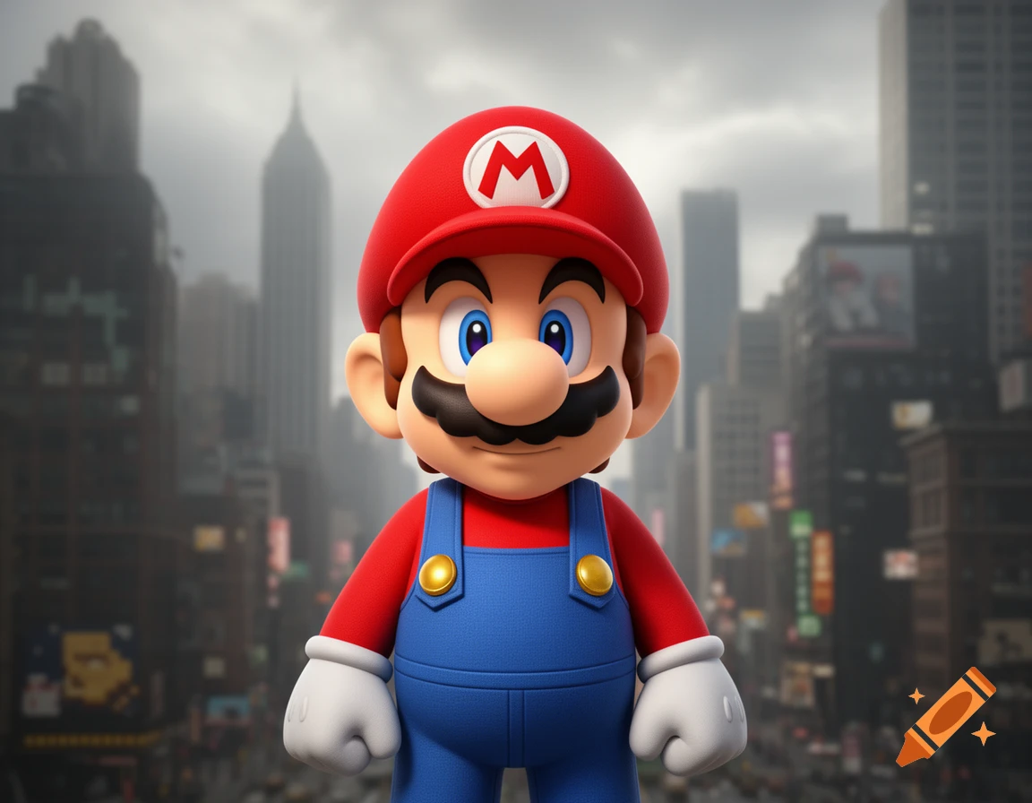 3D rendered Mario stands against a blurred city skyline, looking directly ahead.