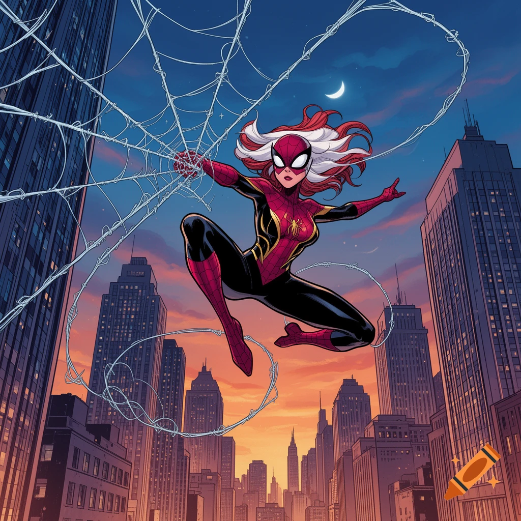 Spider-Woman swings through a city skyline at sunset, surrounded by webs, in a comic book illustration style.