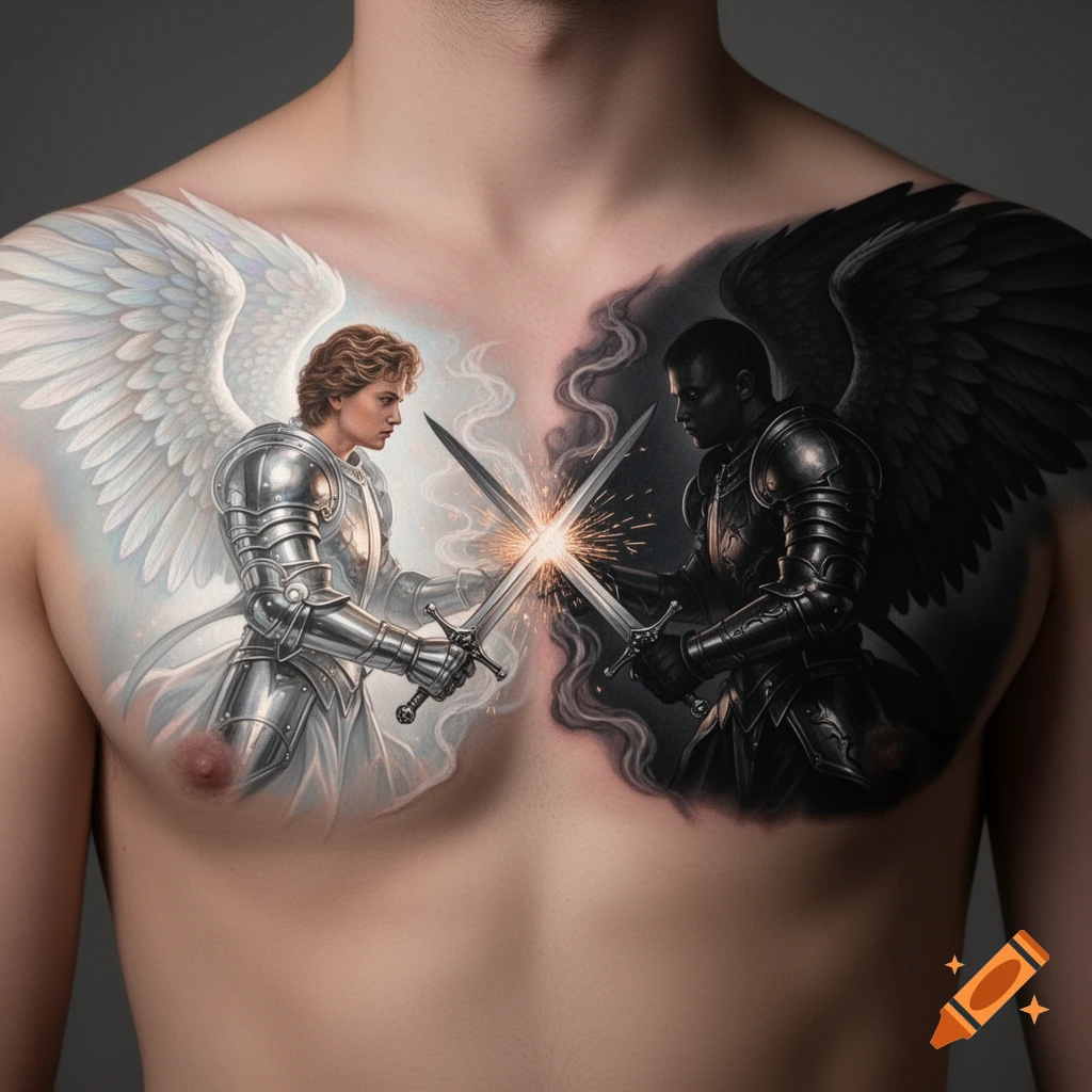 Photorealistic tattoo of a light angel and a dark angel in armor crossing swords on a male chest.