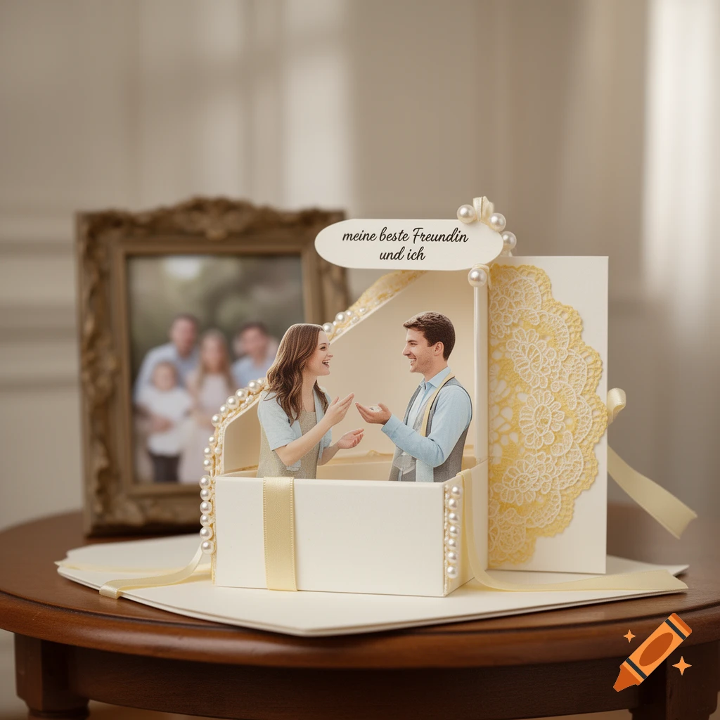 A decorative white pop-up card adorned with yellow lace and pearls, featuring smiling cutouts of a man and woman and text 'meine beste Freundin und ich'.