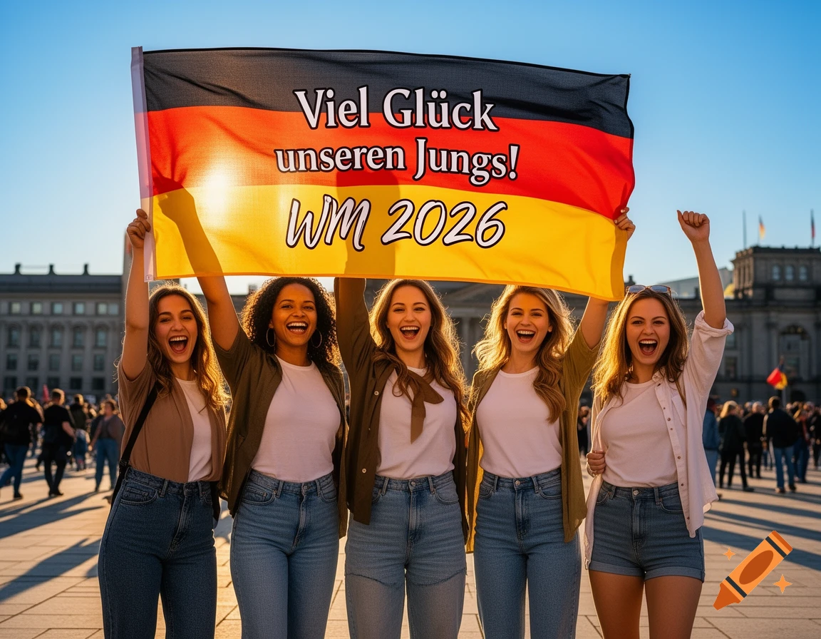 Five joyful women hold a German flag with 'Viel Glück unseren Jungs! WM 2026' outdoors, smiling widely.