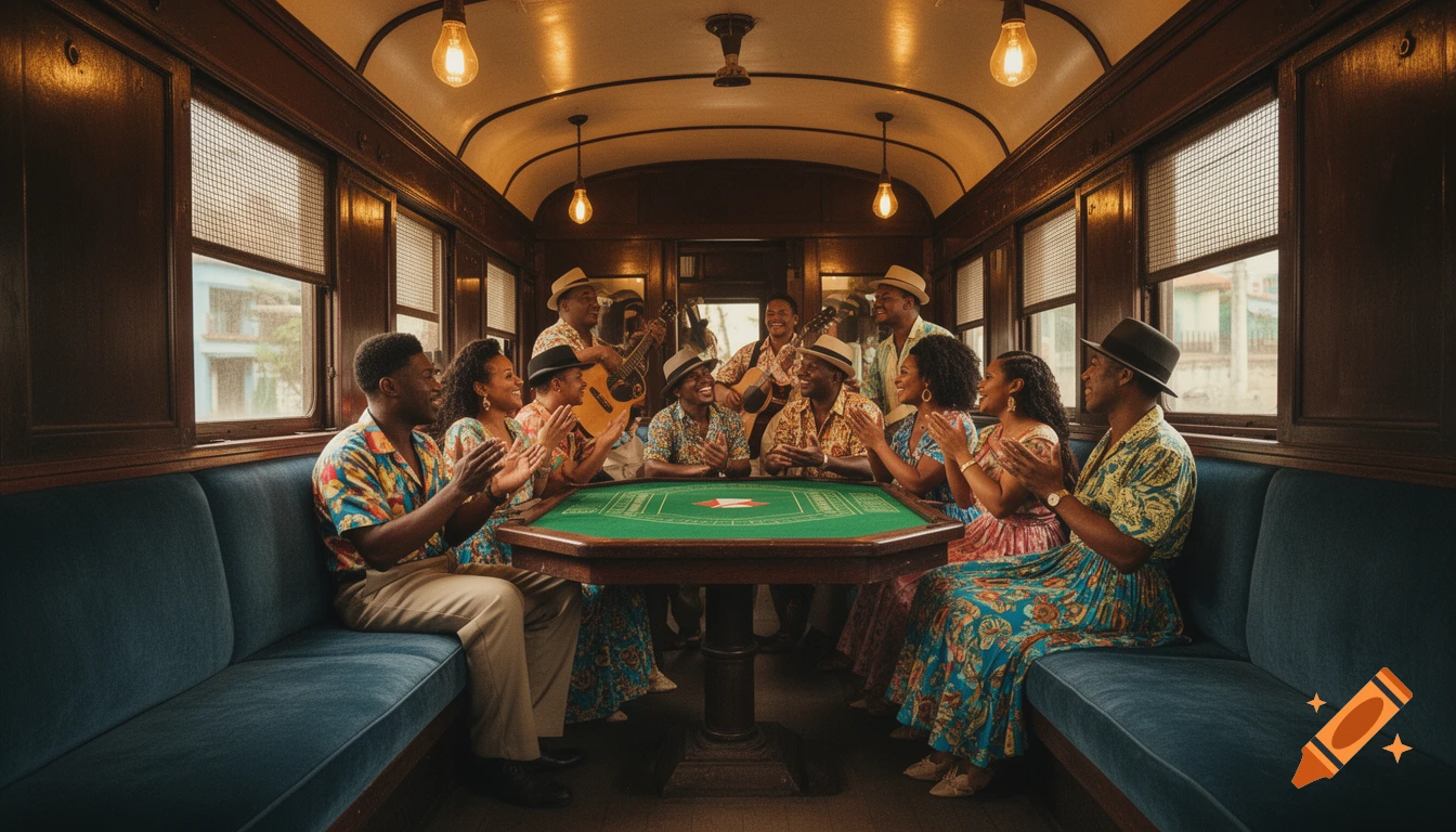 A group of cheerful people in colorful attire clap and play music around a green gaming table inside a vintage Cuban train car.