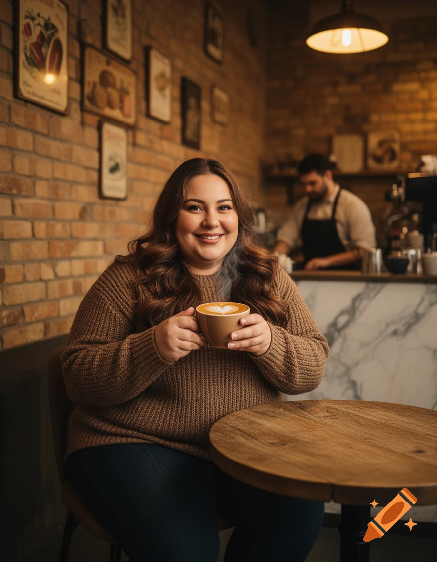 A smiling woman in a brown sweater holds a latte with heart art at a wooden table in a cafe, with a barista in the background.