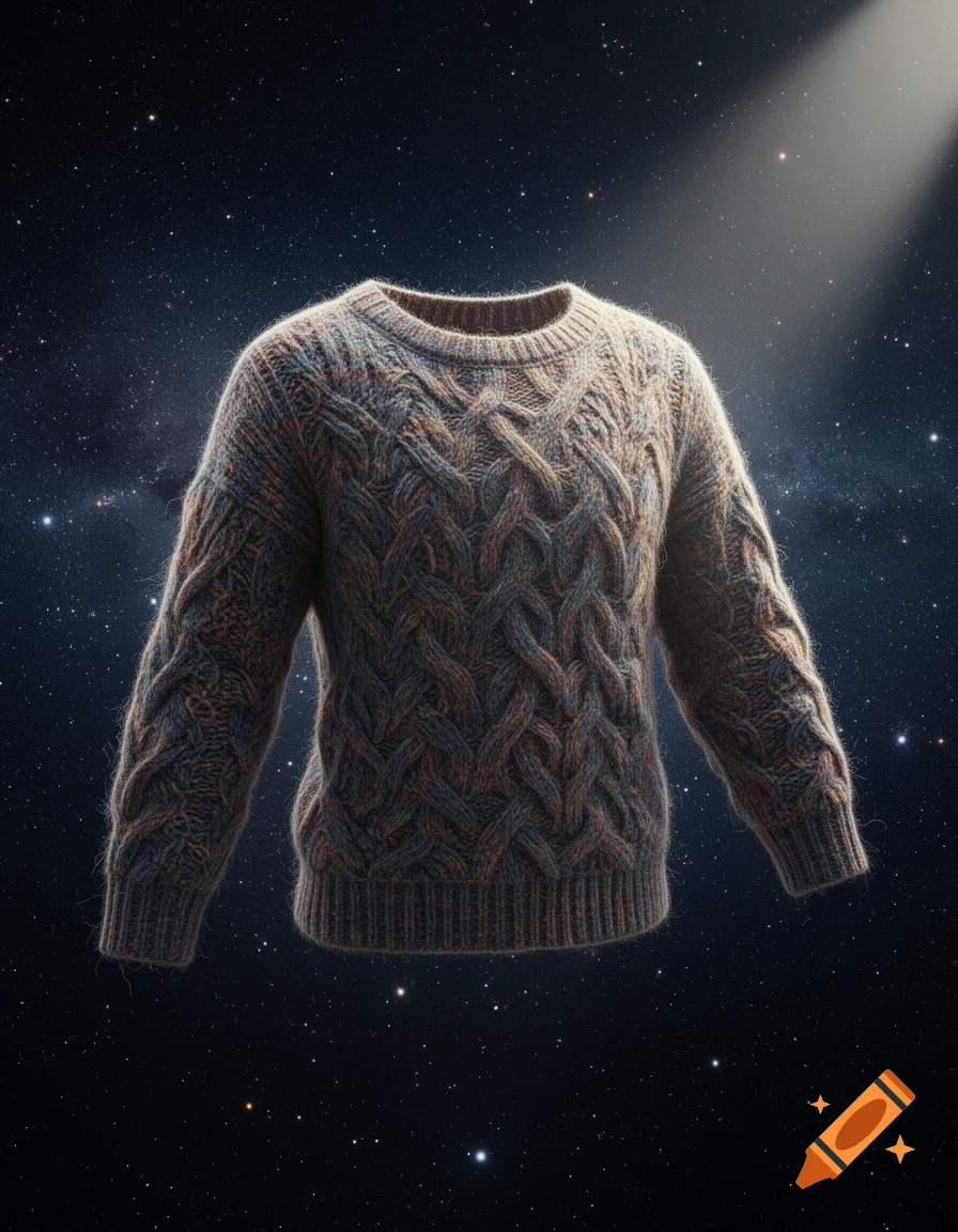 A cable-knit alpaca sweater floats against a starry cosmic background with a ray of light.