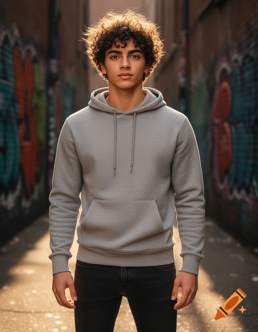 Young man with curly hair wearing a grey hoodie and black jeans, standing in a graffiti-covered alley with warm backlight.