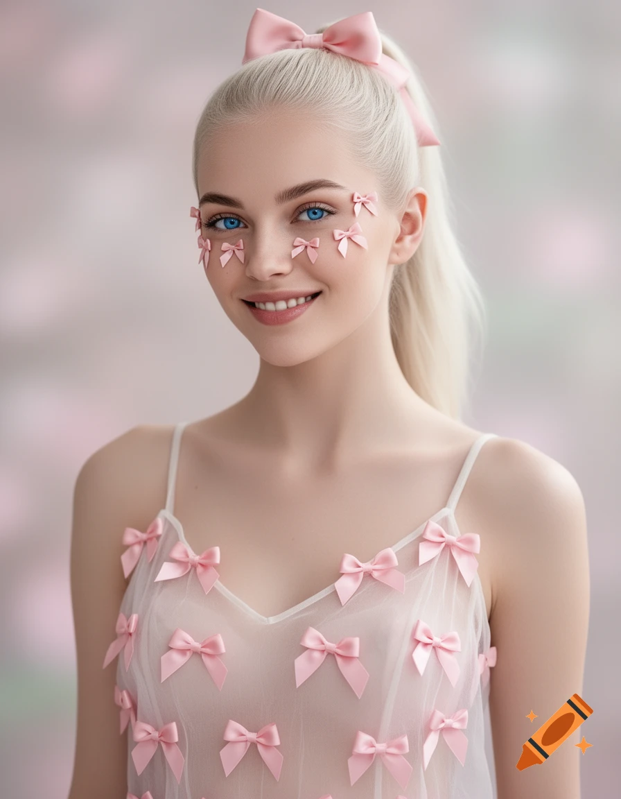 A photorealistic portrait of a young woman with platinum blonde hair, blue eyes, and pink bows on her face and sheer camisole. She smiles gently.