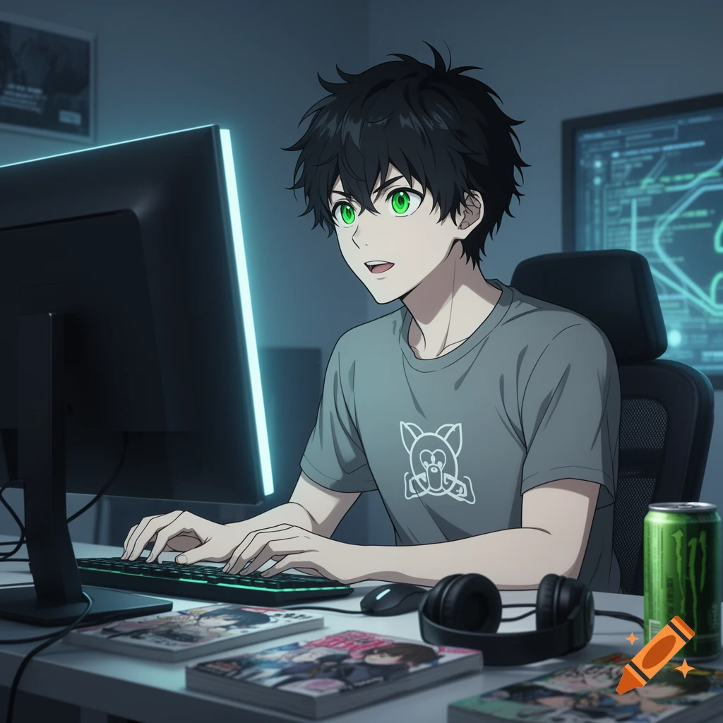 Anime boy with black hair and green eyes sitting at a computer desk with a keyboard, mouse, headphones, manga, and a green energy drink can.