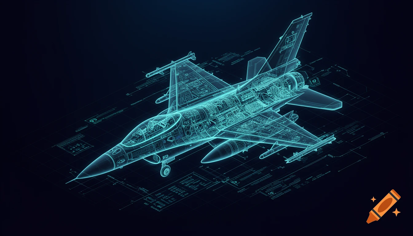 Isometric blueprint of an F-16 Falcon jet, rendered with glowing cyan lines showing internal components and data labels on a dark background.