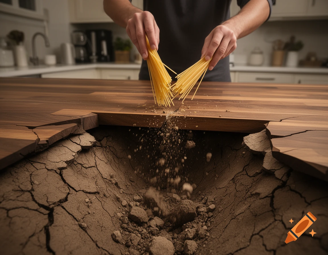Photorealistic image of hands breaking spaghetti over a kitchen counter that has cracked open to reveal a miniature landslide of soil.