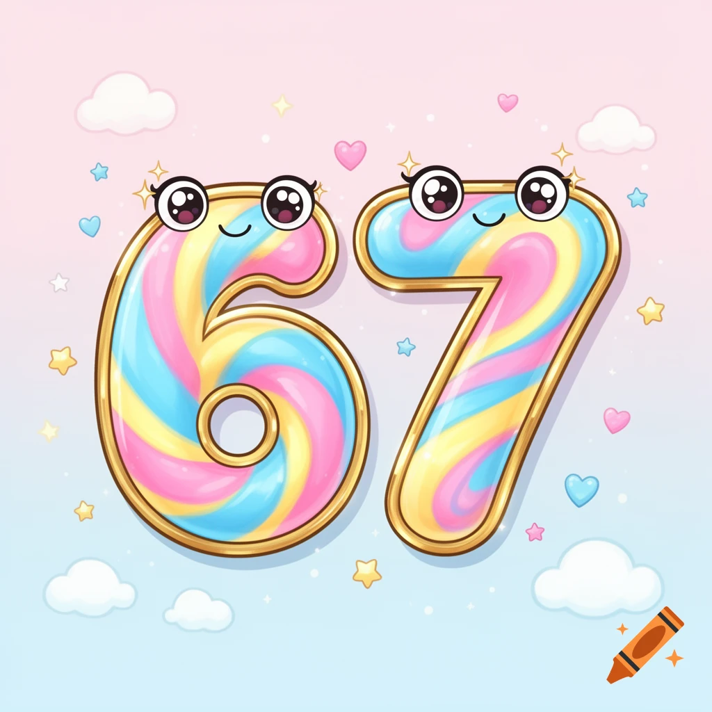 Kawaii cartoon numbers 6 and 7, styled like colorful lollipops with faces, against a pastel background with hearts and stars.