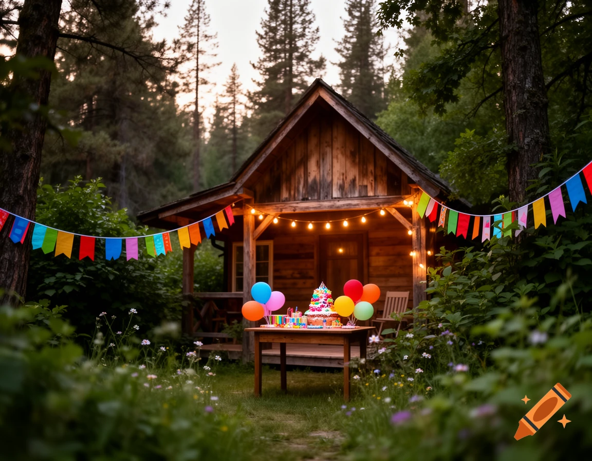 Rustic wooden cabin in a forest decorated for a birthday with colorful bunting, string lights, balloons, and a cake on a table.