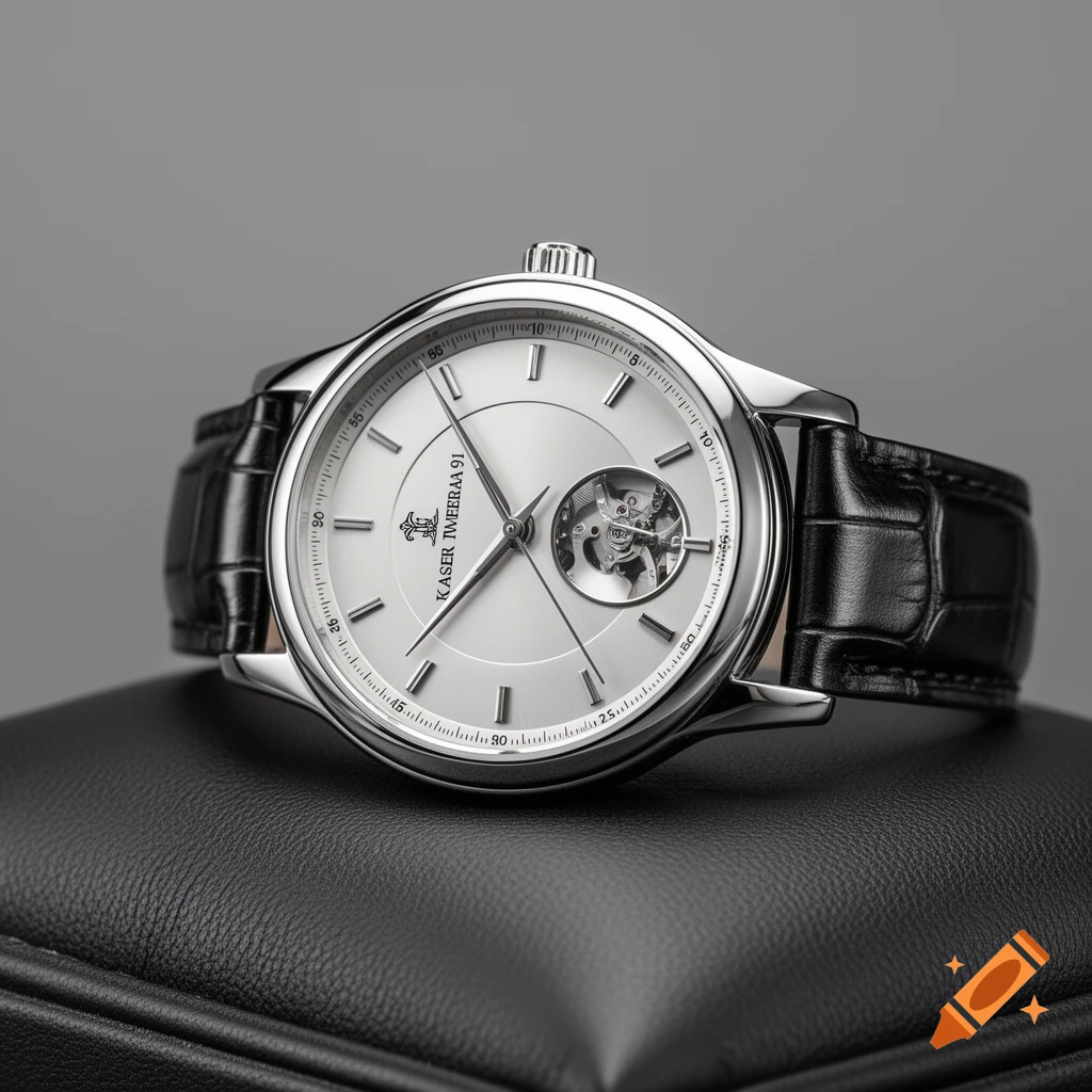 A close-up shot of a silver wristwatch with a white face and a black alligator leather strap, resting on a black leather cushion. The watch face features visible internal mechanics.