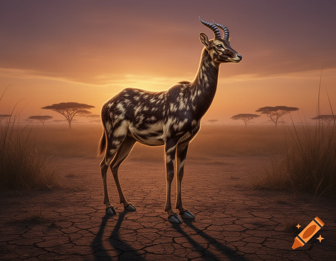 A spotted antelope with spiral horns stands on cracked earth in an African savanna at sunset.
