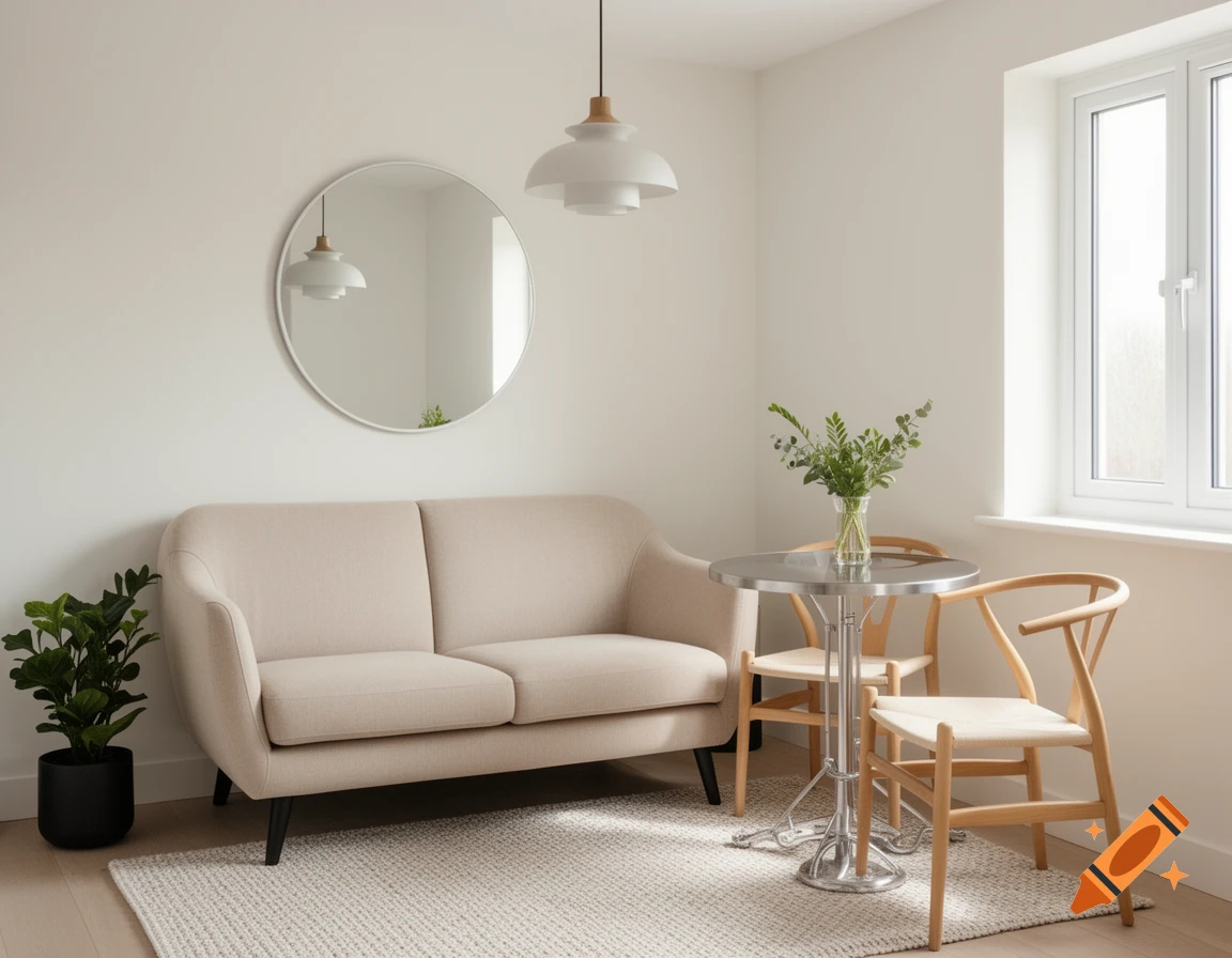 A modern, cozy compact living room featuring a beige sofa, a round mirror, a bistro table with wooden chairs, and green plants, all under soft natural light.