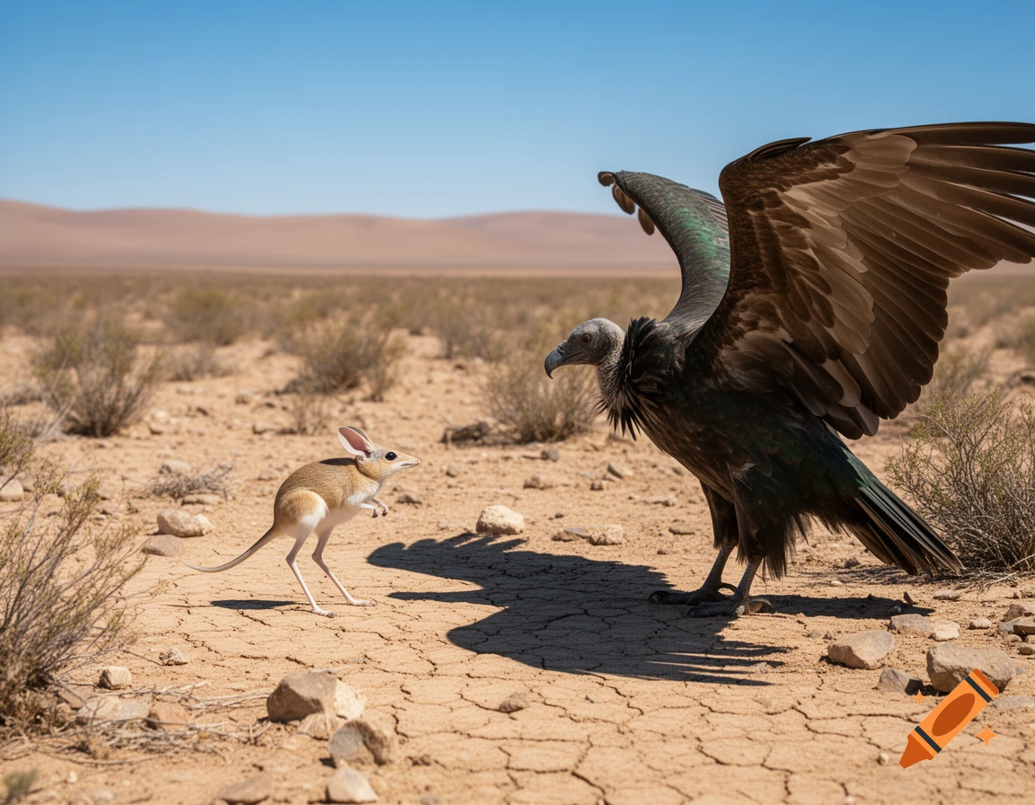 A small jerboa faces a large vulture with spread wings on cracked desert ground under a clear blue sky.