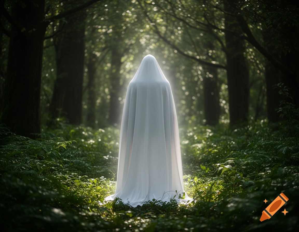 A mysterious figure in a white cloak stands in a forest clearing, illuminated by a bright, ethereal light filtering through the trees.