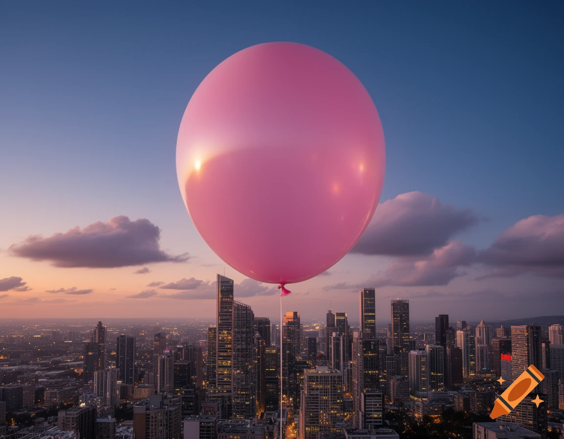 A giant pink balloon floats over a city skyline at sunset, with glowing windows and a colorful sky.