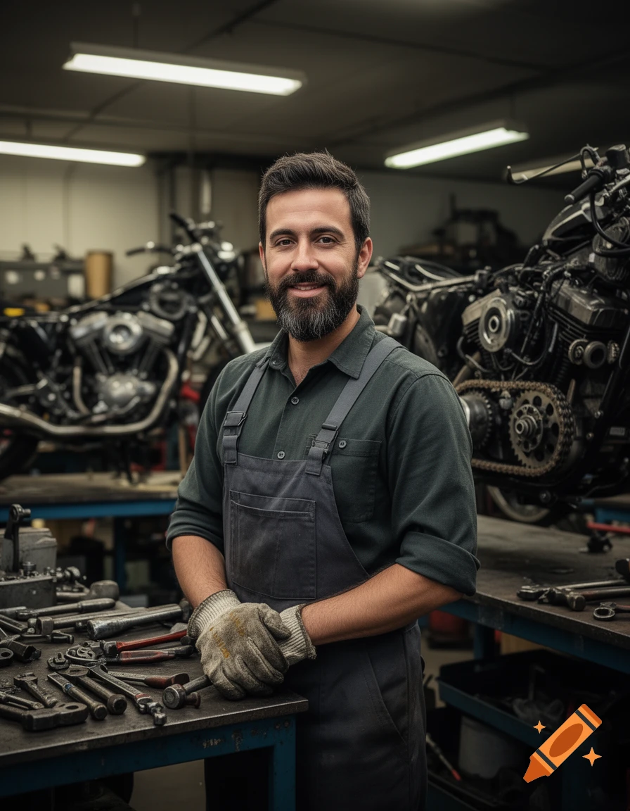 A smiling bearded man, a mechanic, stands in a motorcycle repair shop with tools and disassembled bikes. Photorealistic.