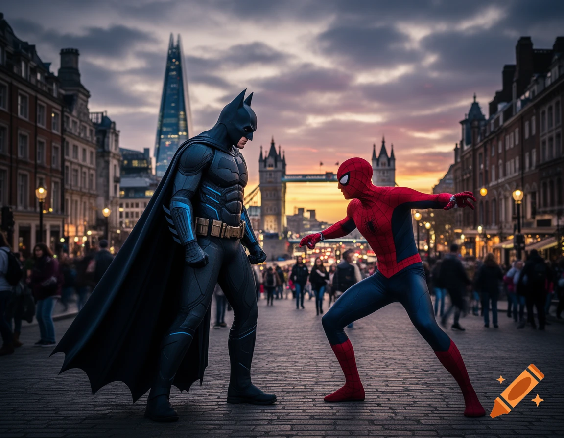 Batman and Spider-Man confront each other on a cobblestone street in London at sunset, with The Shard and Tower Bridge in the background.