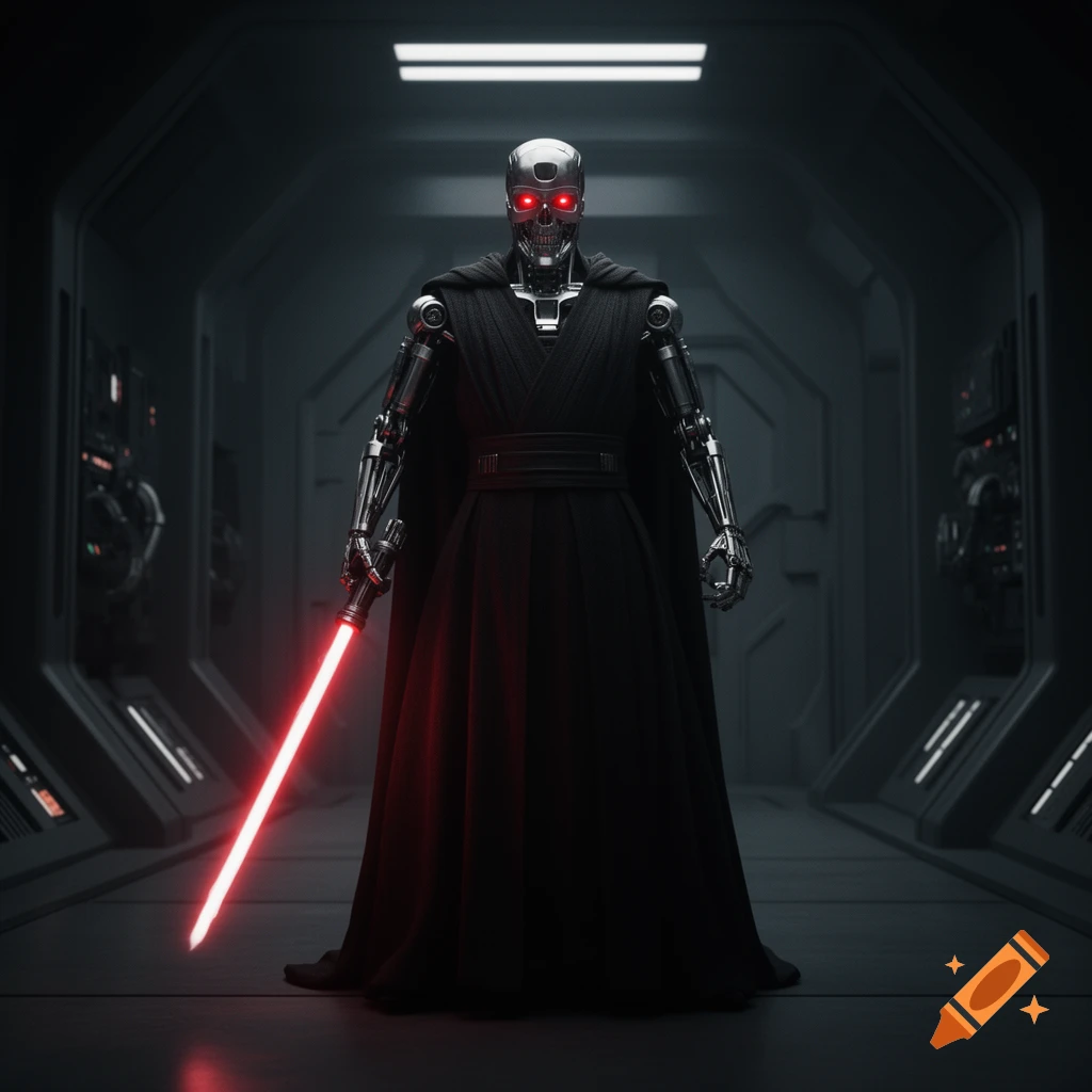 A chrome robotic Terminator figure, dressed as a Sith Lord in black robes, stands in a dark futuristic corridor holding a glowing red lightsaber.