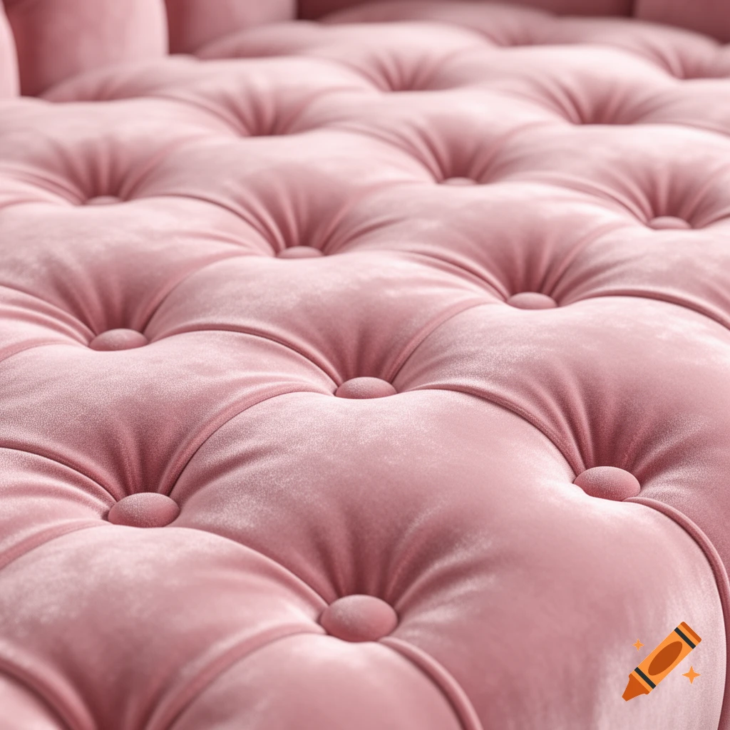 Close-up of soft pink velvet fabric with deep tufting and button details, featuring a plush texture and gentle lighting.
