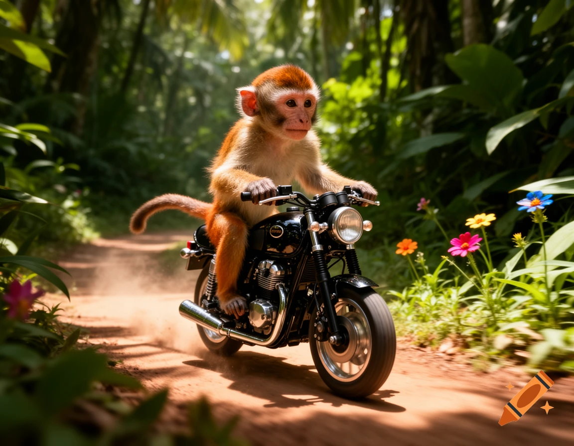 A baby monkey rides a black motorcycle down a dusty dirt path in a lush jungle, with colorful wildflowers in the foreground.