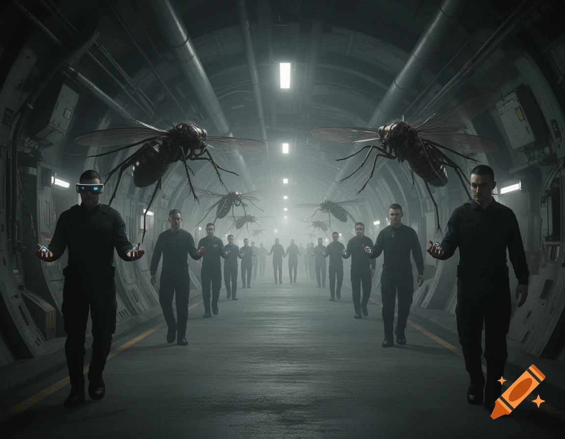Men in black uniforms walk in a dimly lit underground tunnel, flanked by giant flying insects, in a dark, dystopian sci-fi scene.