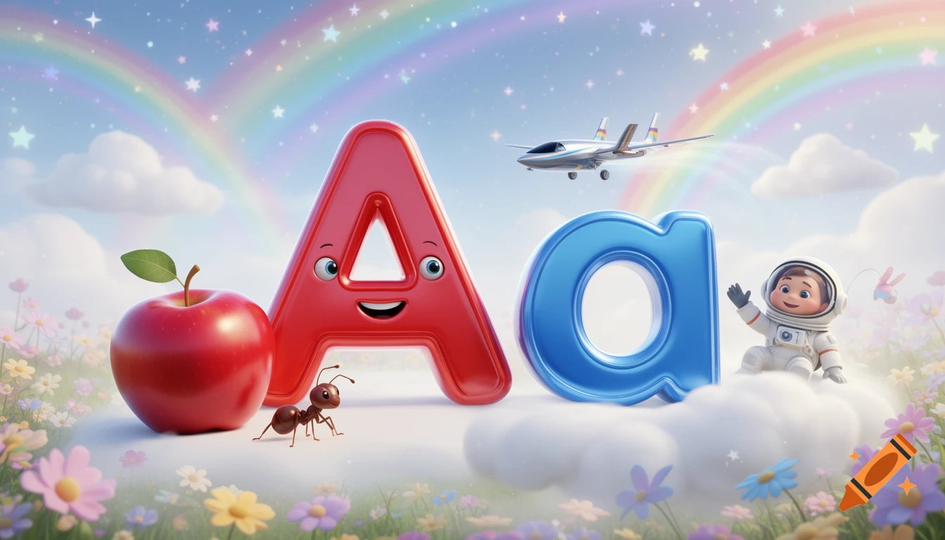 Vibrant cartoon of smiling letters A and a with an apple, ant, plane, astronaut, rainbows, and flowers.