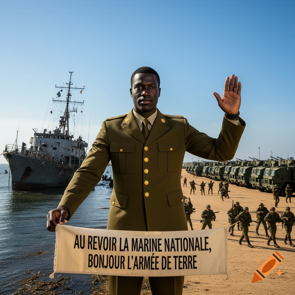 A Black man in a military uniform waves goodbye to a dilapidated ship and greets an army of soldiers and military vehicles on a sandy shore.