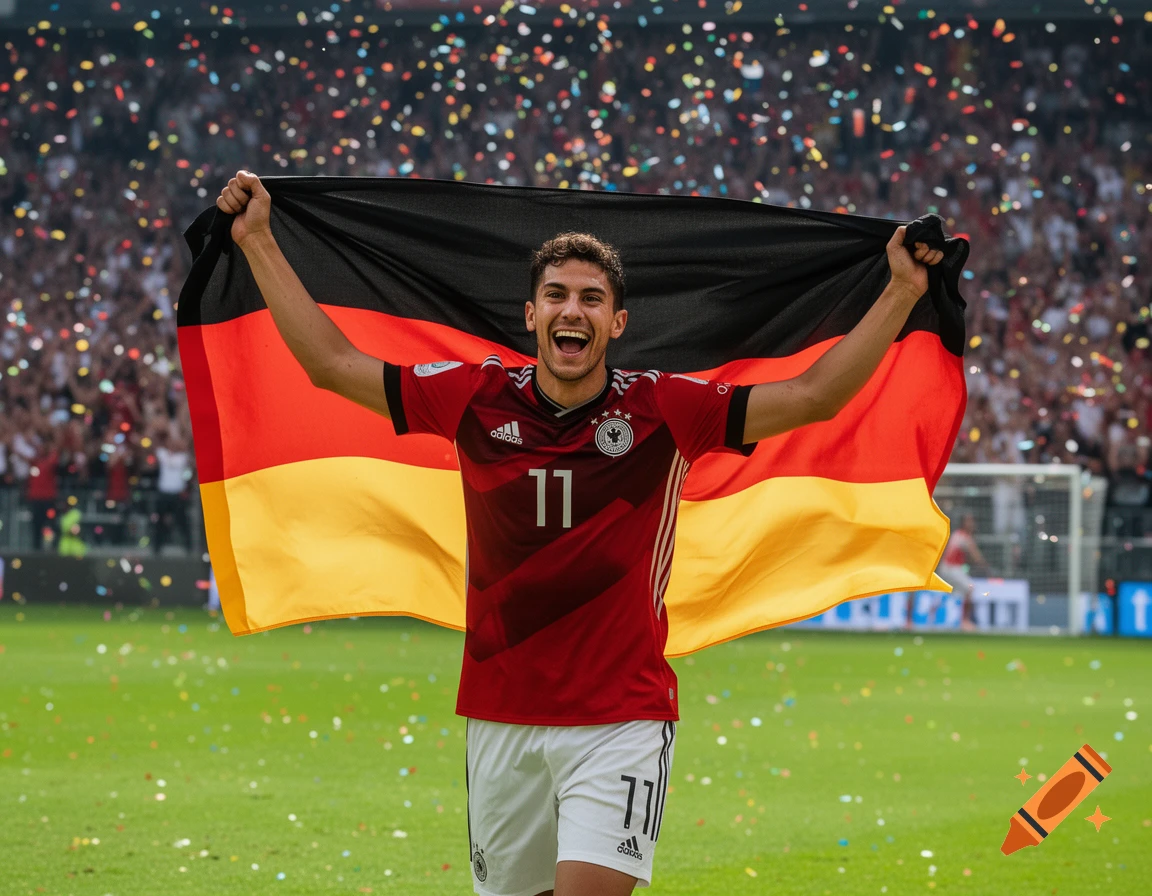 Young male soccer player in a red German jersey with number 11, celebrating with a German flag on a stadium pitch with confetti.