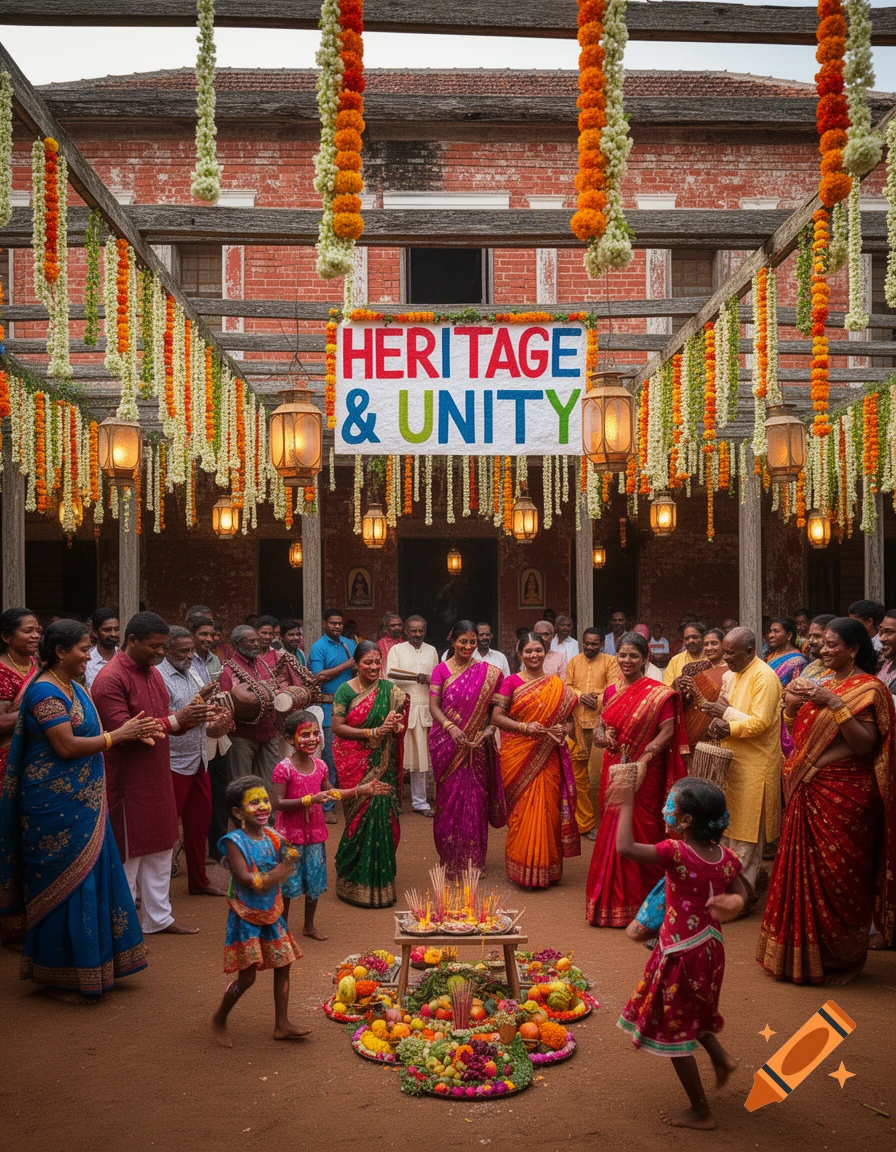 Vibrant Indian festival in an outdoor courtyard with people in traditional attire, children dancing, flower garlands, and a 'HERITAGE & UNITY' banner.