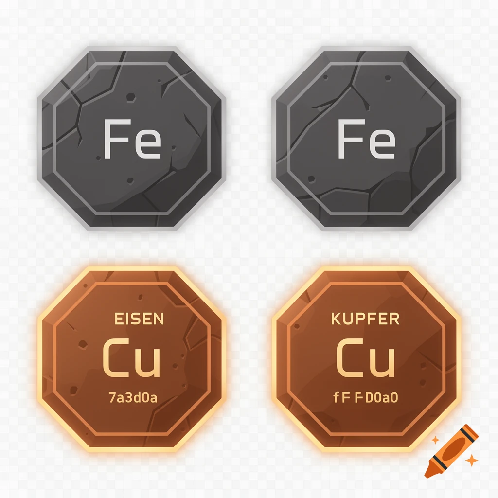 Four octagonal sci-fi resource icons. Top two are dark grey with "Fe". Bottom two are glowing copper-brown with "Cu", "EISEN" and "KUPFER" along with hex codes.