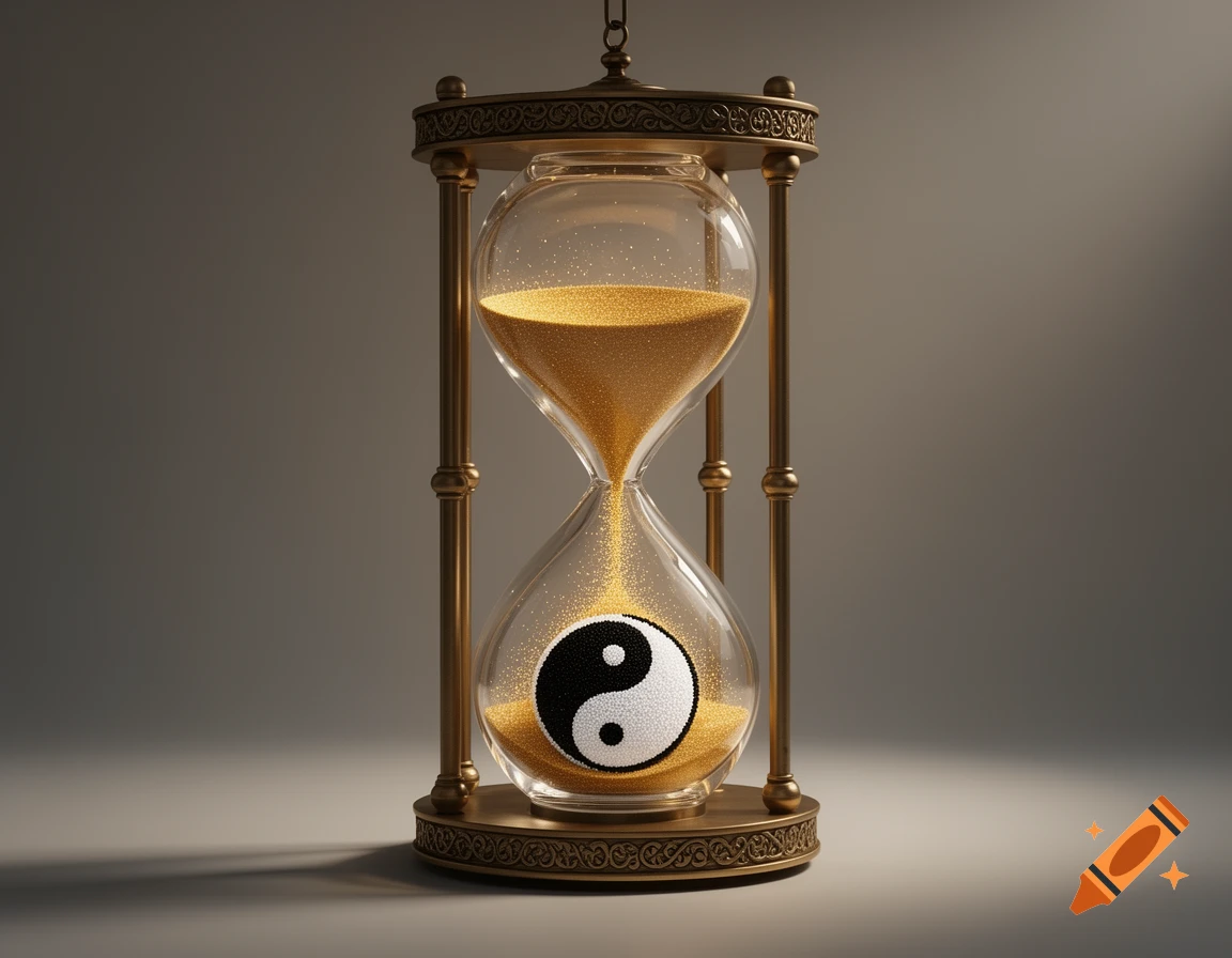 A golden hourglass with gold sand forming a black and white Yin-Yang symbol at the bottom, against a gray background.