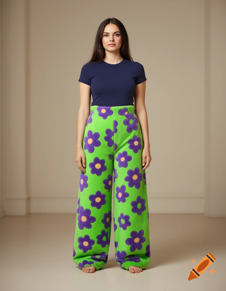 A woman stands in a navy blue t-shirt and green oversized pants with purple flower patterns, bare feet visible.