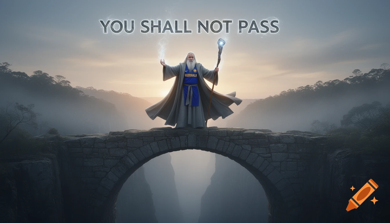 A Gandalf-like figure in an Australian soccer jersey stands on a stone bridge, holding a staff, with 'YOU SHALL NOT PASS' text above.