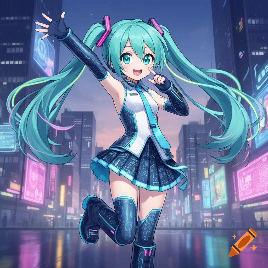 A cheerful anime girl with long turquoise pigtails and a futuristic circuit-board patterned outfit waves in a neon-lit city.