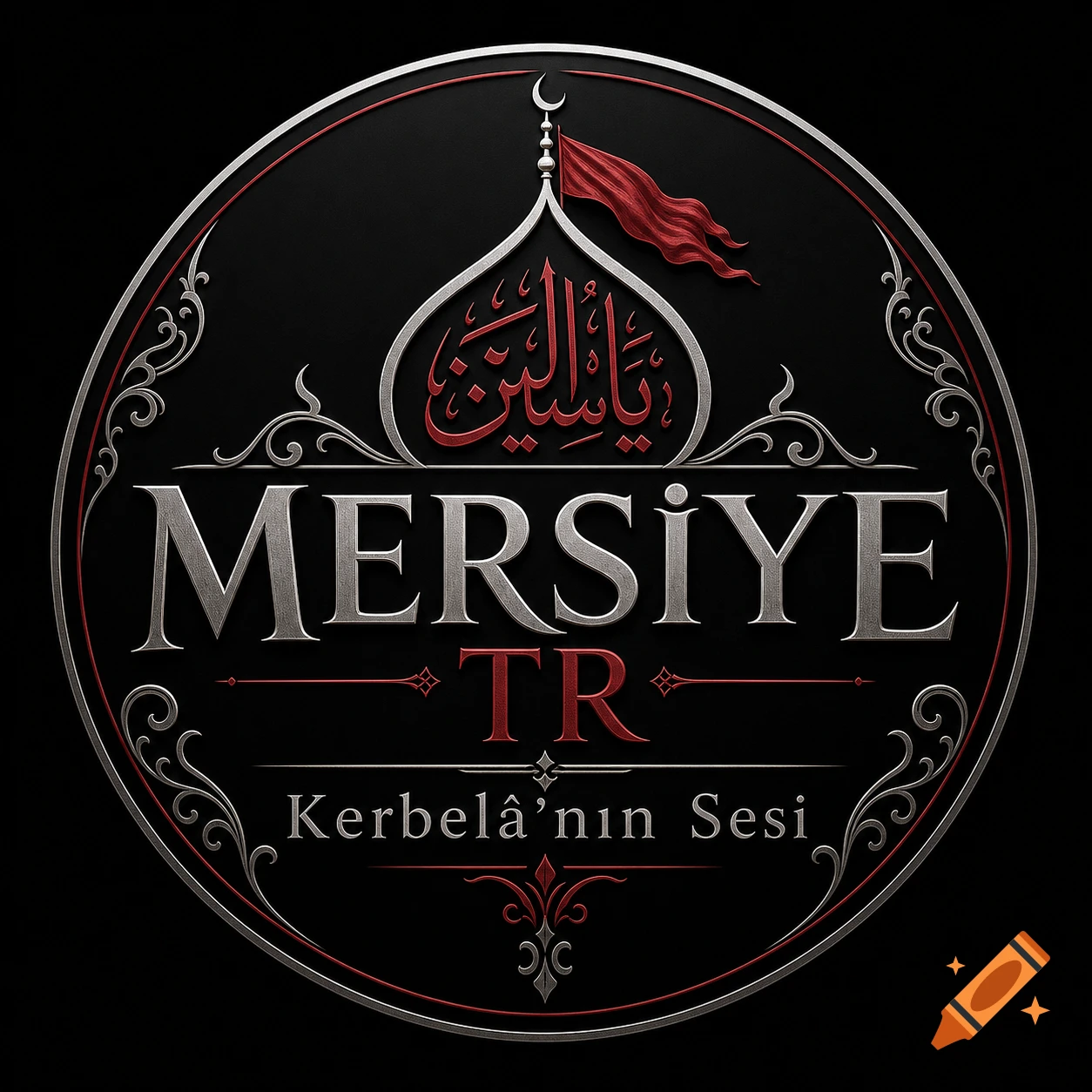 Circular Islamic logo with silver text "MERSİYE TR", "Kerbelâ'nın Sesi", red Arabic calligraphy, crescent, and flag on black.