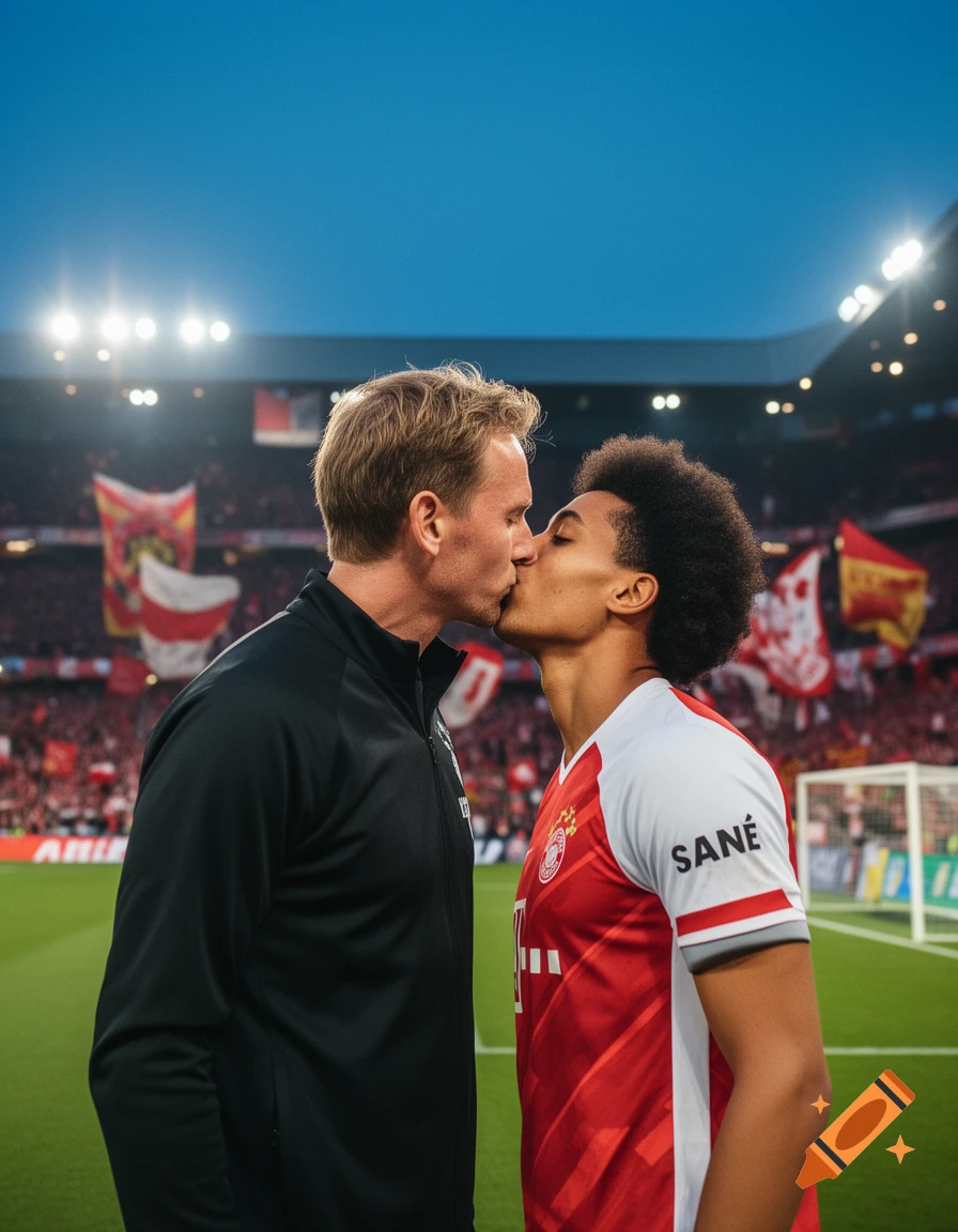 Photorealistic image of two men, one with blonde hair and one with dark curly hair in a football jersey, kissing on a football field.