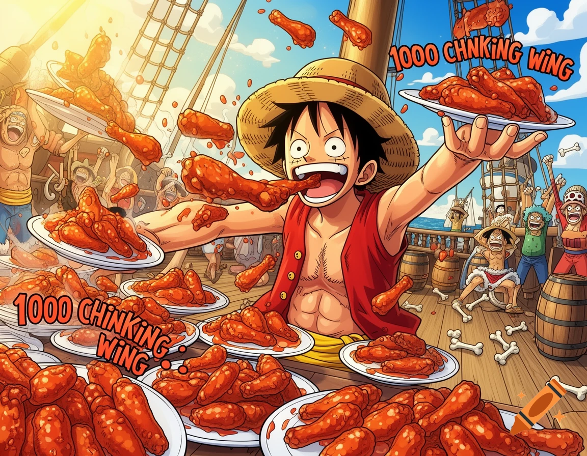 Luffy from One Piece on a pirate ship, excitedly eating and surrounded by hundreds of chicken wings, in an anime style.
