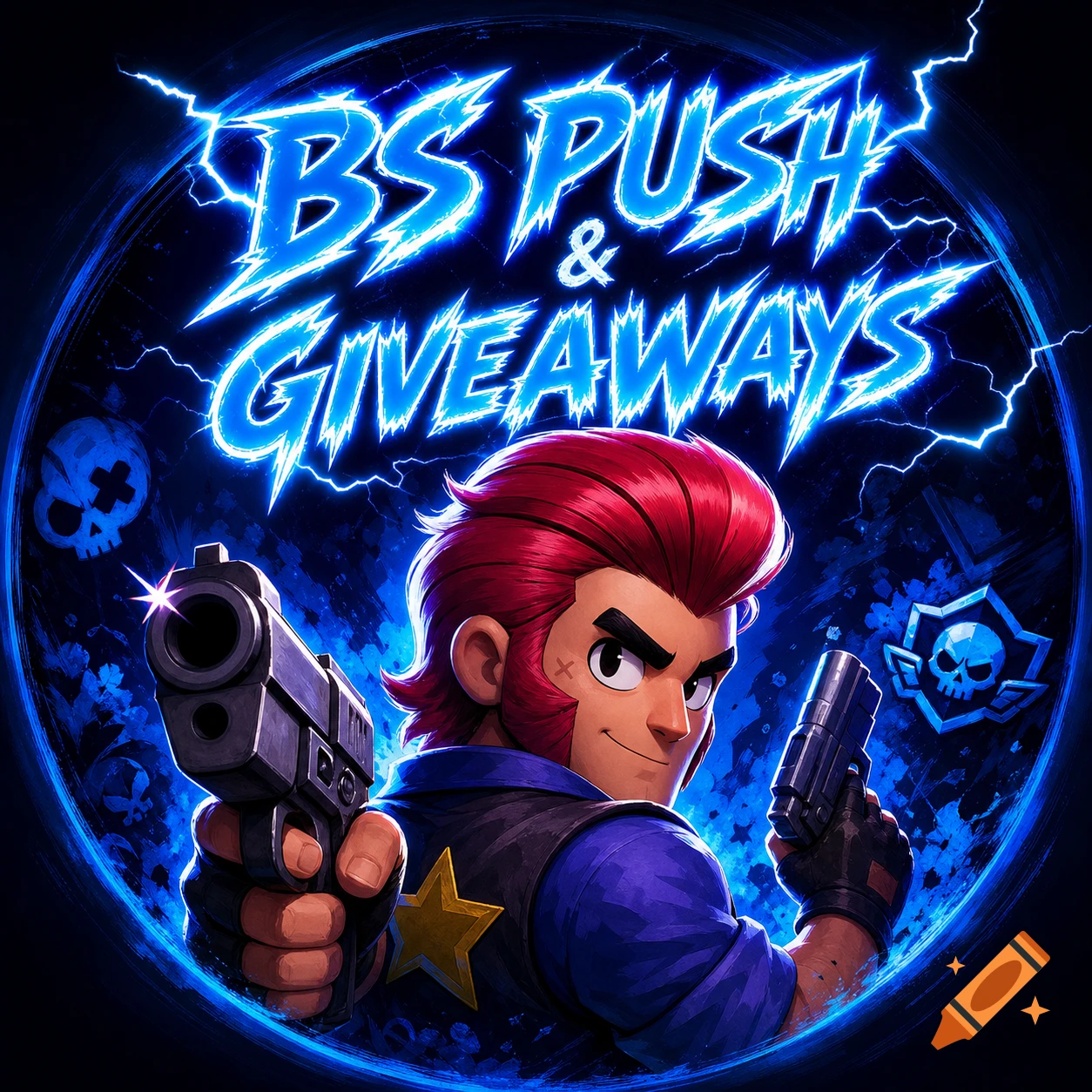Cartoon character Colt from Brawl Stars holding two pistols, surrounded by blue lightning and text 'BS PUSH & GIVEAWAYS'