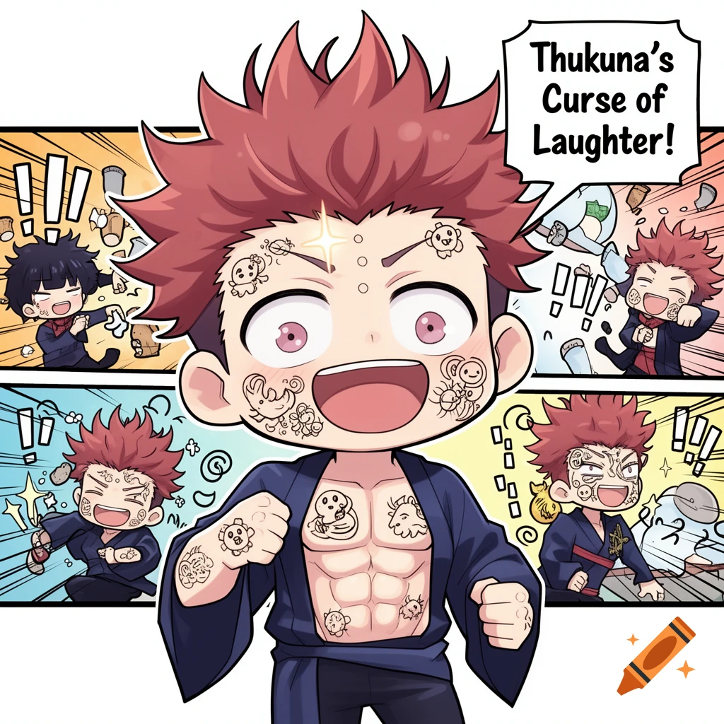 Chibi anime character with red hair, tattoos, and abs laughing, with text 'Thukuna's Curse of Laughter!' in a comic style.